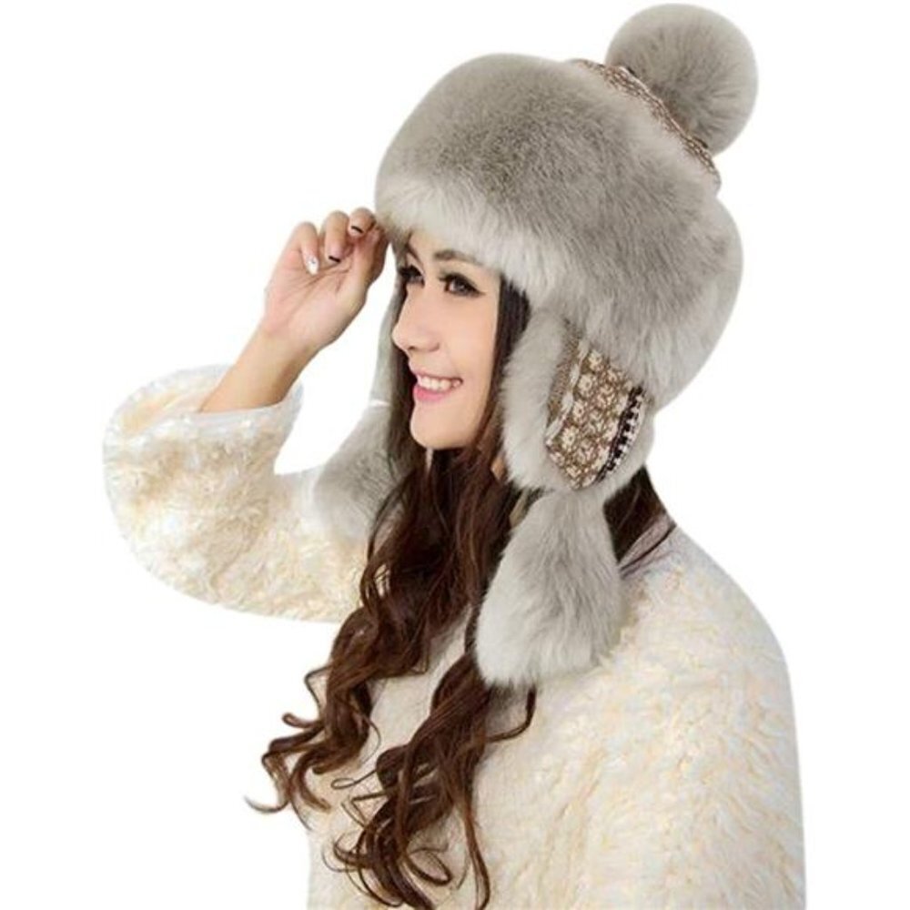 Women's Faux Fur Cossack Winter Warm Ear Flaps Trapper Fluffy Furry Pom Pom
